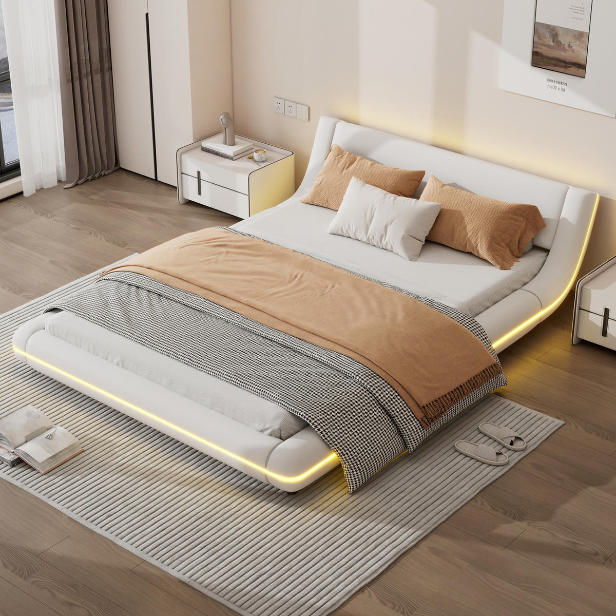 BODENBETT aus PU 140x200 cm Weiß mit LED-Umgebungsbeleuchtung und pflegeleichter Oberfläche - Weiß, Leder (90/200cm) - Modfu