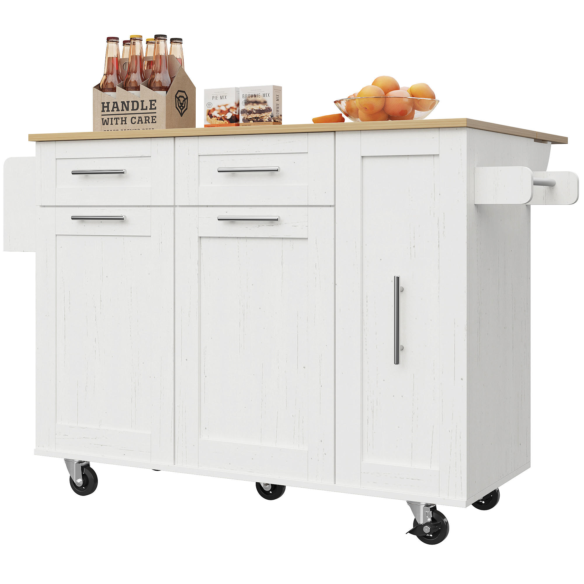 KÜCHENWAGEN 110x74x90.5cm Weiß aus MDF/Metall mit Klappplatte & Schränken - Weiß, Holzwerkstoff (110/90.5/74cm) - Modfu