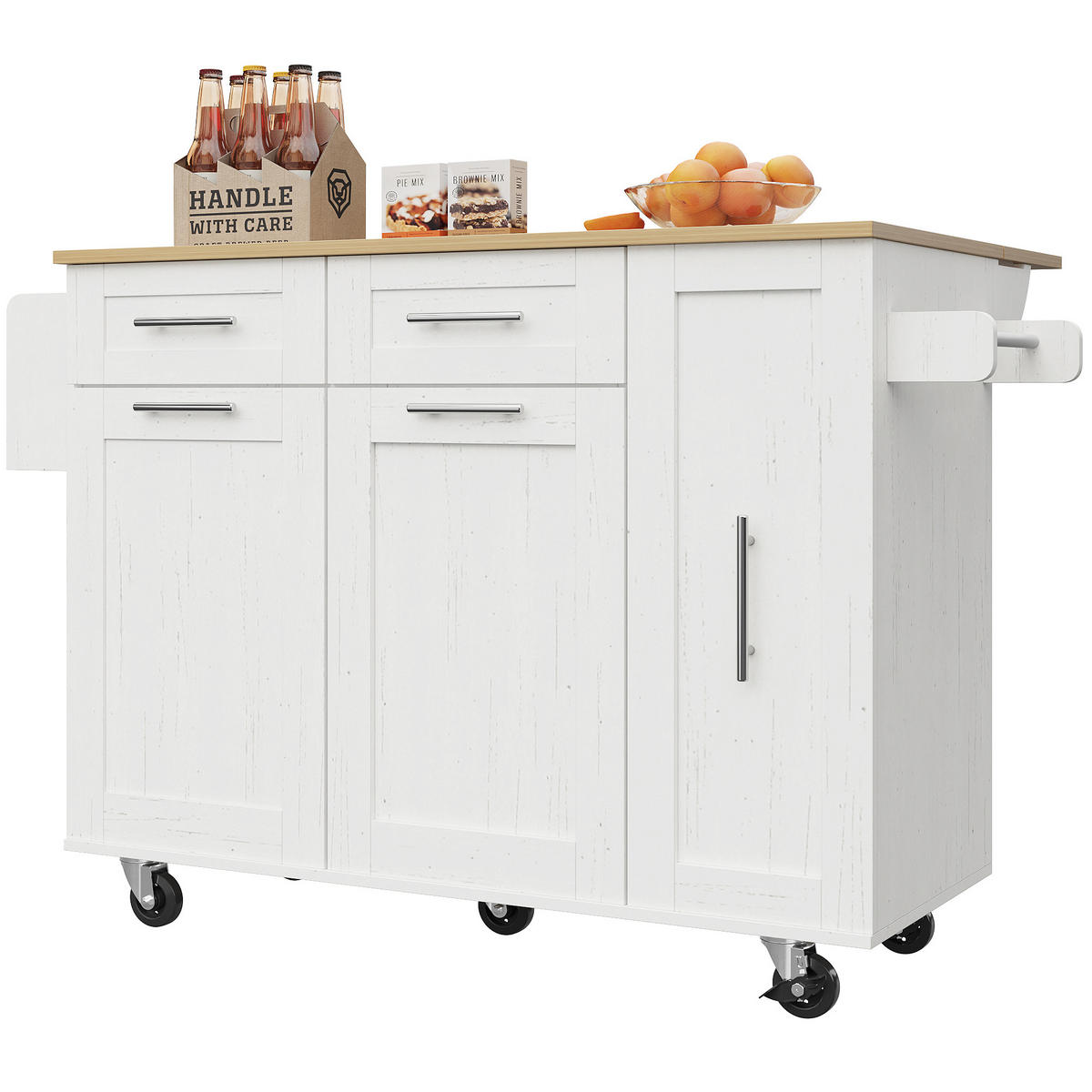 KÜCHENWAGEN 110x74x90.5cm Weiß aus MDF/Metall mit Klappplatte & Schränken - Weiß, Holzwerkstoff (110/90.5/74cm) - Modfu