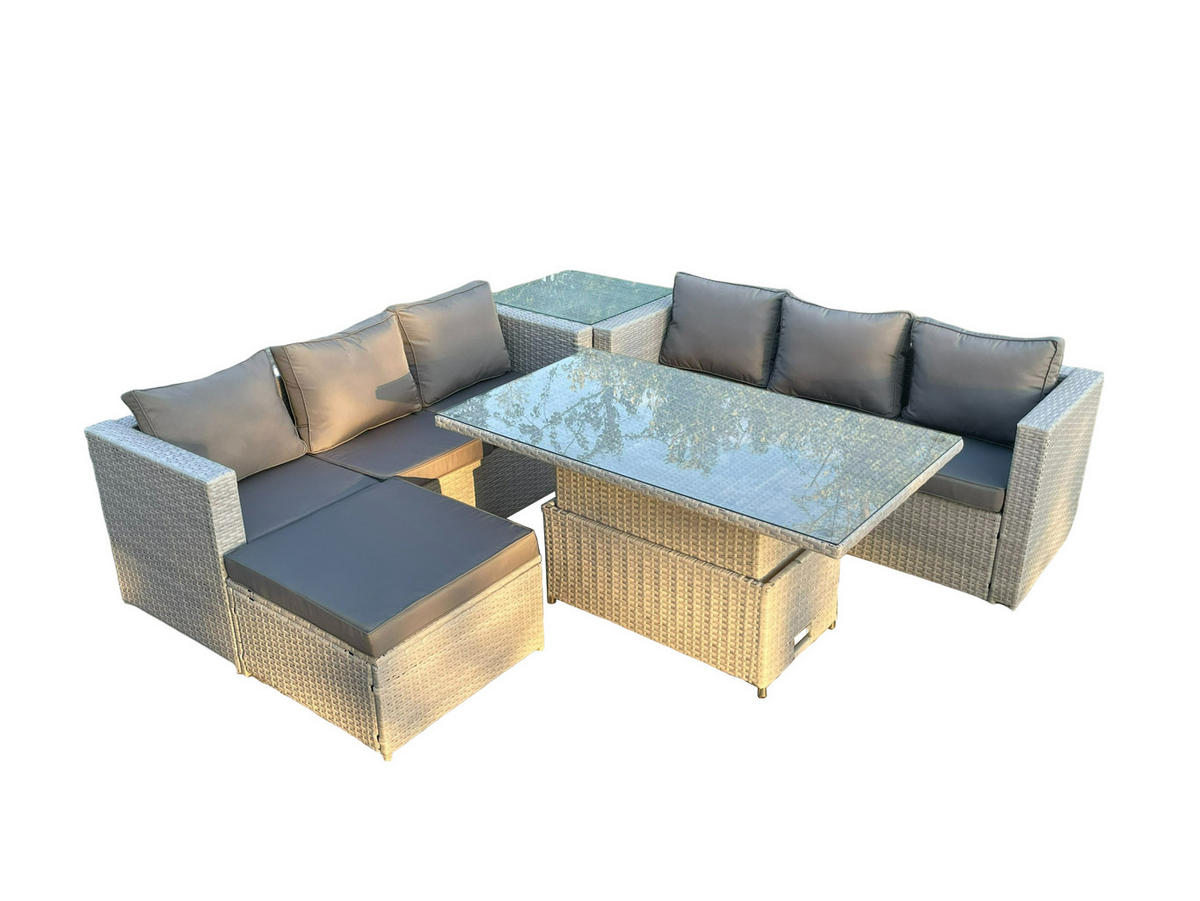 GARTENMÖBEL SET mit höhenverstellbarer Tisch Polyrattan Helles Grau 7-Sitzer - Hellgrau, Metall - Fimous