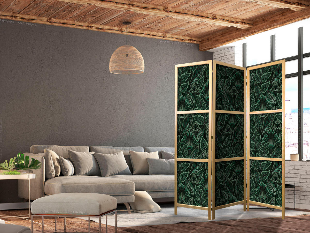 PARAVENT Japanischer 3-tlg 135x172 cm Gr ne Bl tter - Grün, Holz/Textil (135/172/3cm) - Muralo