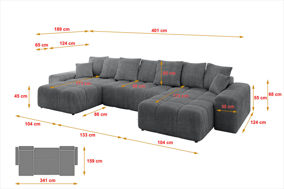 WOHNLANDSCHAFT ENIL-U 401x189x68 Dunkelgrau Cord - Dunkelgrau, Holzwerkstoff/Kunststoff (401/68/189cm) - ALTDECOR