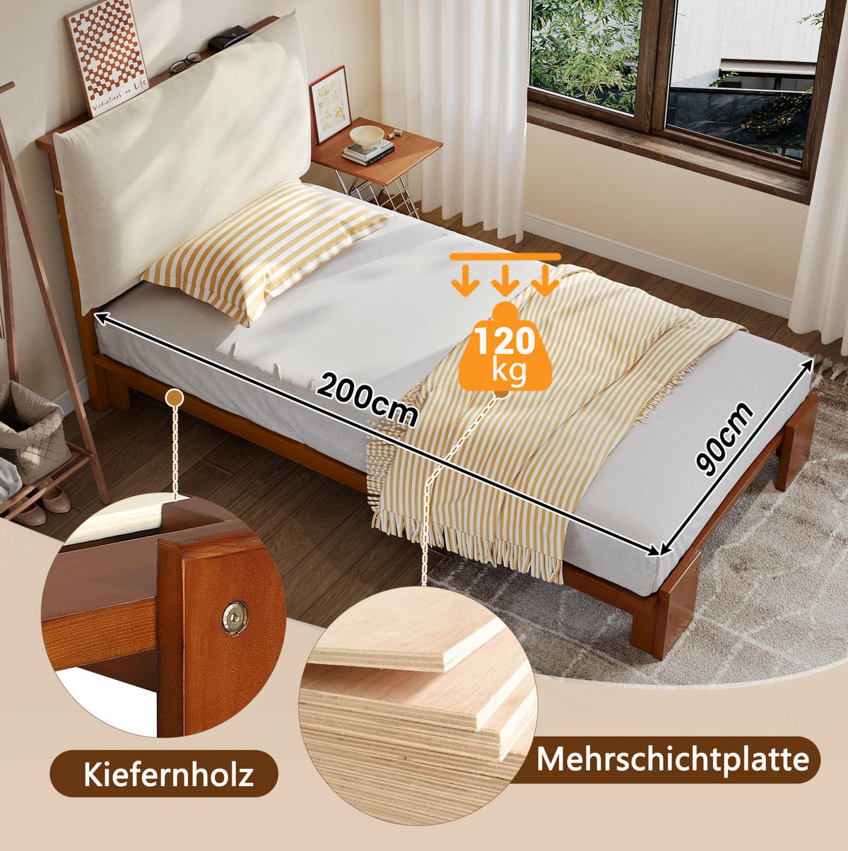 POLSTERBETT aus Kiefer und Sperrholz 90x200 cm Dunkelbraun mit gepolsterter Rückenlehne - Braun, Textil (90/200cm) - IVMEU
