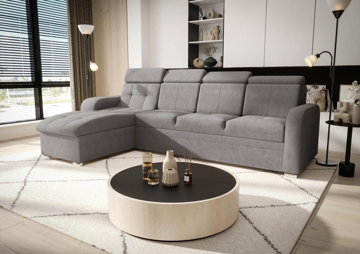 ECKSOFA KONGO RBN10, Eckcouch in L-Form mit Schlaffunktion, Farbe: Grau, Velourstoff, Ottomane Links - Grau, Textil (315/169cm) - O-Sofa