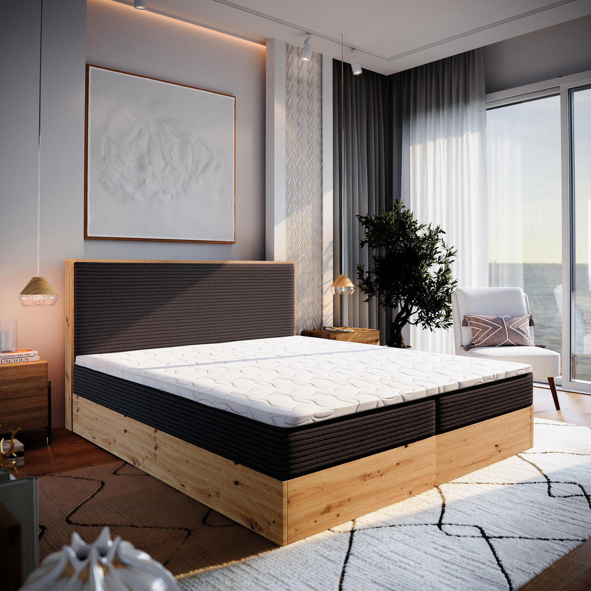 POSTEL BOXSPRING VERDON 160x200 cm, s matrací a úložným prostorem, hnědá - hnědá, kompozitní dřevo/textil (160/200cm) - MASSENO