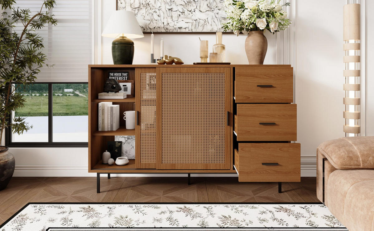 SIDEBOARD 140/91/37 cm Naturfarben aus Spanplatte mit Schiebetüren - Naturfarben, Holzwerkstoff (37/91/140cm) - OKMYHOME