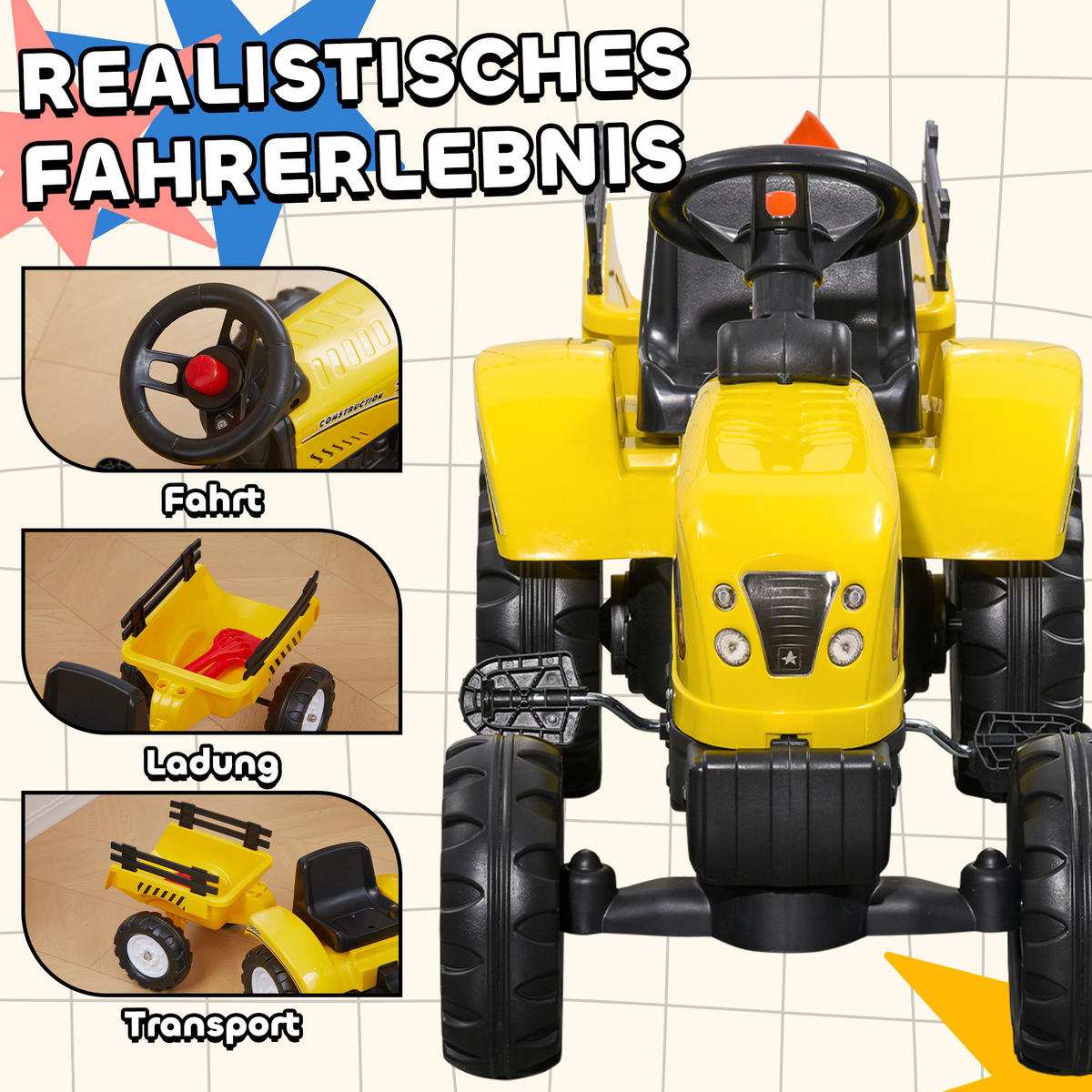 TRETTRAKTOR mit Anhänger Tretauto Traktor ab 3 Jahre Spielzeug Kinder Gelb - Gelb, Metall (133/42/51cm) - HOMCOM