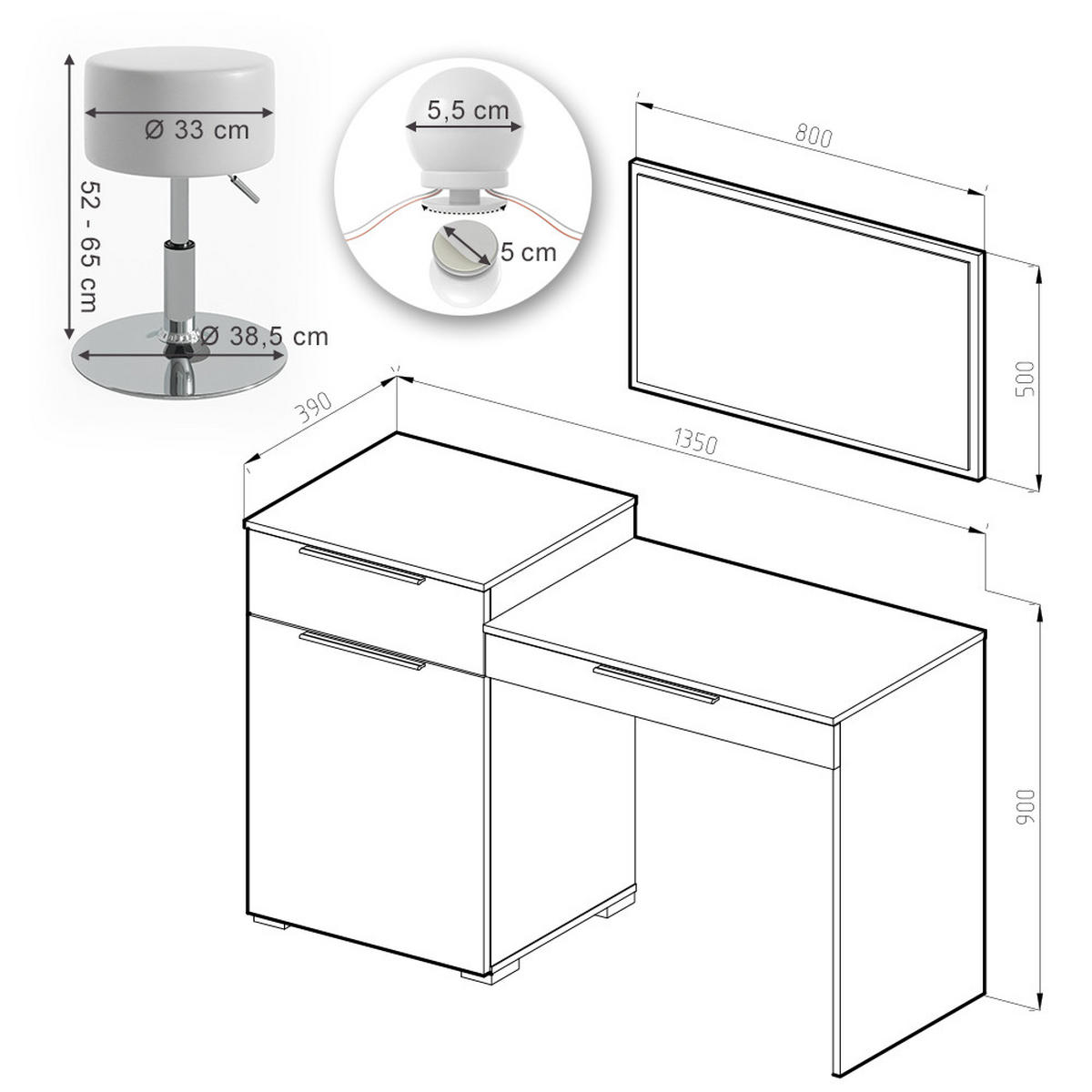 SCHMINKTISCH Lilli Weiß 135 cm mit LED Beleuchtung und Hocker - Weiß, Holzwerkstoff (135/90/39cm) - Vicco
