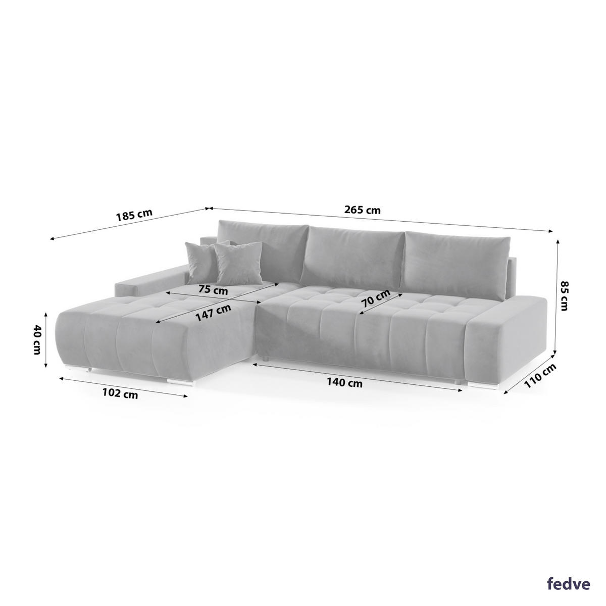 ECKSOFA mit Schlaffunktion Dhaka L, Grau - Grau, Textil (185/265cm) - Fedve
