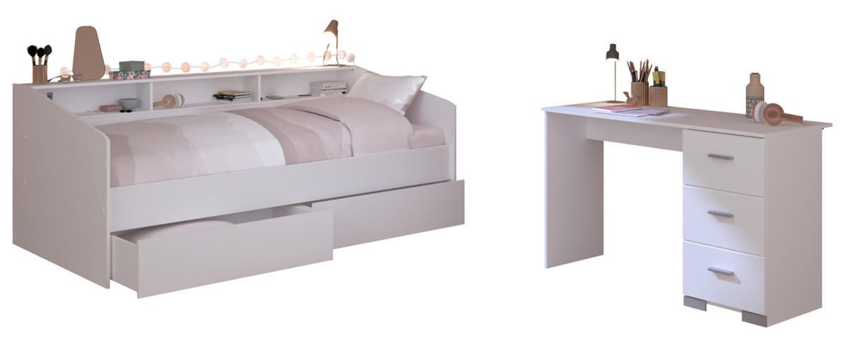 KINDERZIMMER Set 2-tlg. Schreibtisch und Bett mit Stauraum 90x200 cm - Silberfarben/Weiß, Holz/Holzwerkstoff (203/82/113cm) - Parisot Meuble