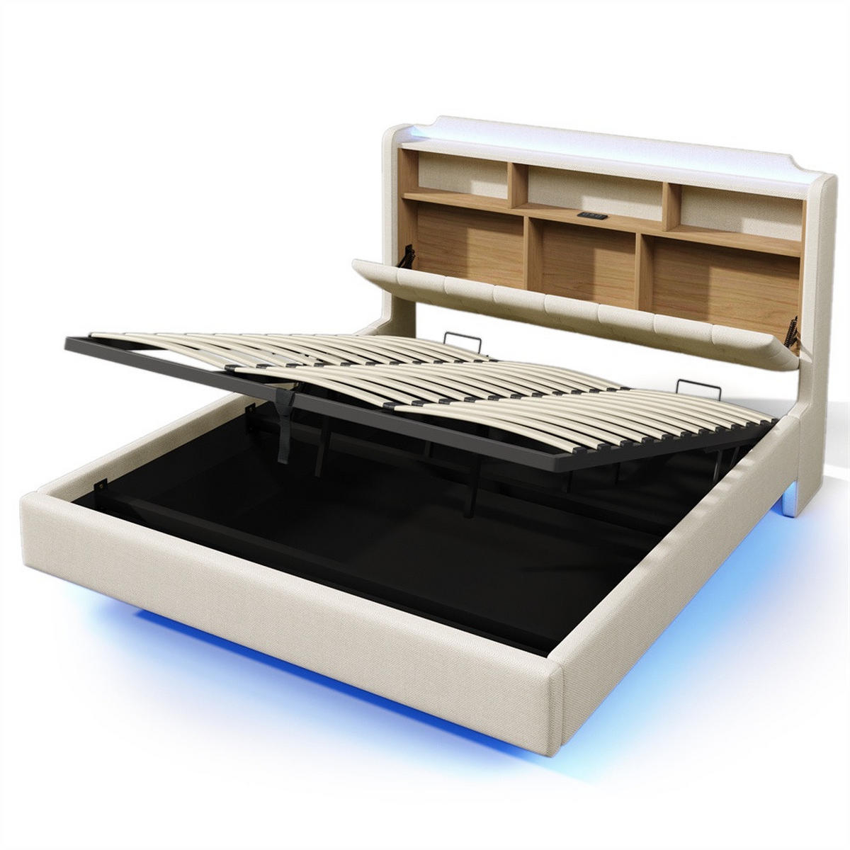 POLSTERBETT 180x200 cm mit LED-Beleuchtung und hydraulischem Stauraum - USB/Typ-C & Klappfach - Beige - Beige, Textil (180/200cm) - DELFA