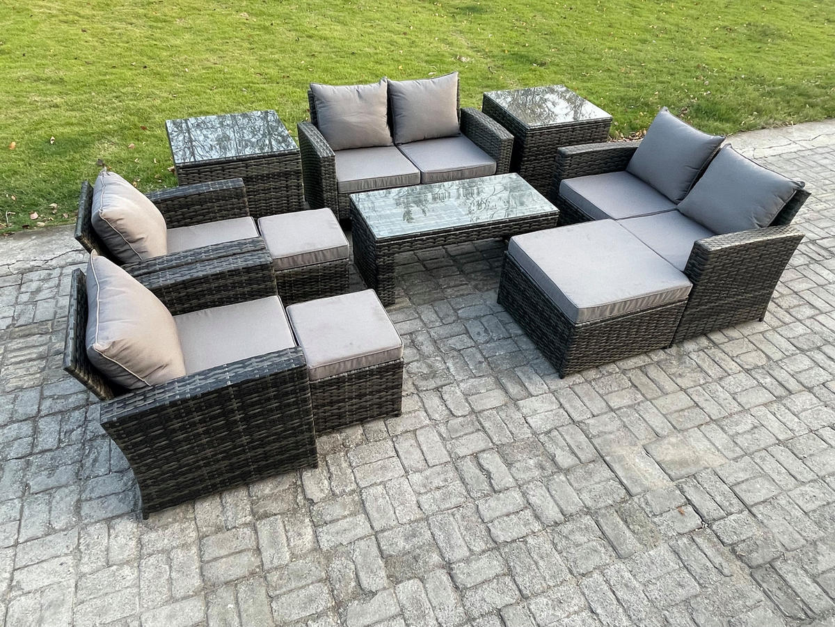 GARTENMÖBEL Set Polyrattan Dunkelgrau 9-Sitzer - Dunkelgrau, Metall - Fimous