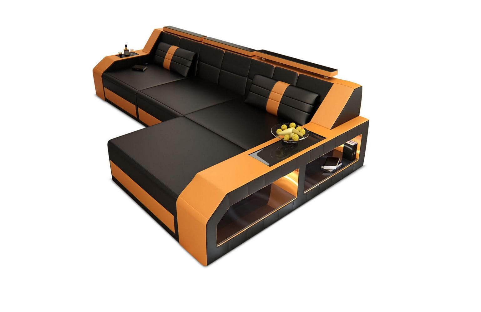 COUCH Arezzo L Schwarz Orange Ledermix - Schwarz, Textil (308/194cm)