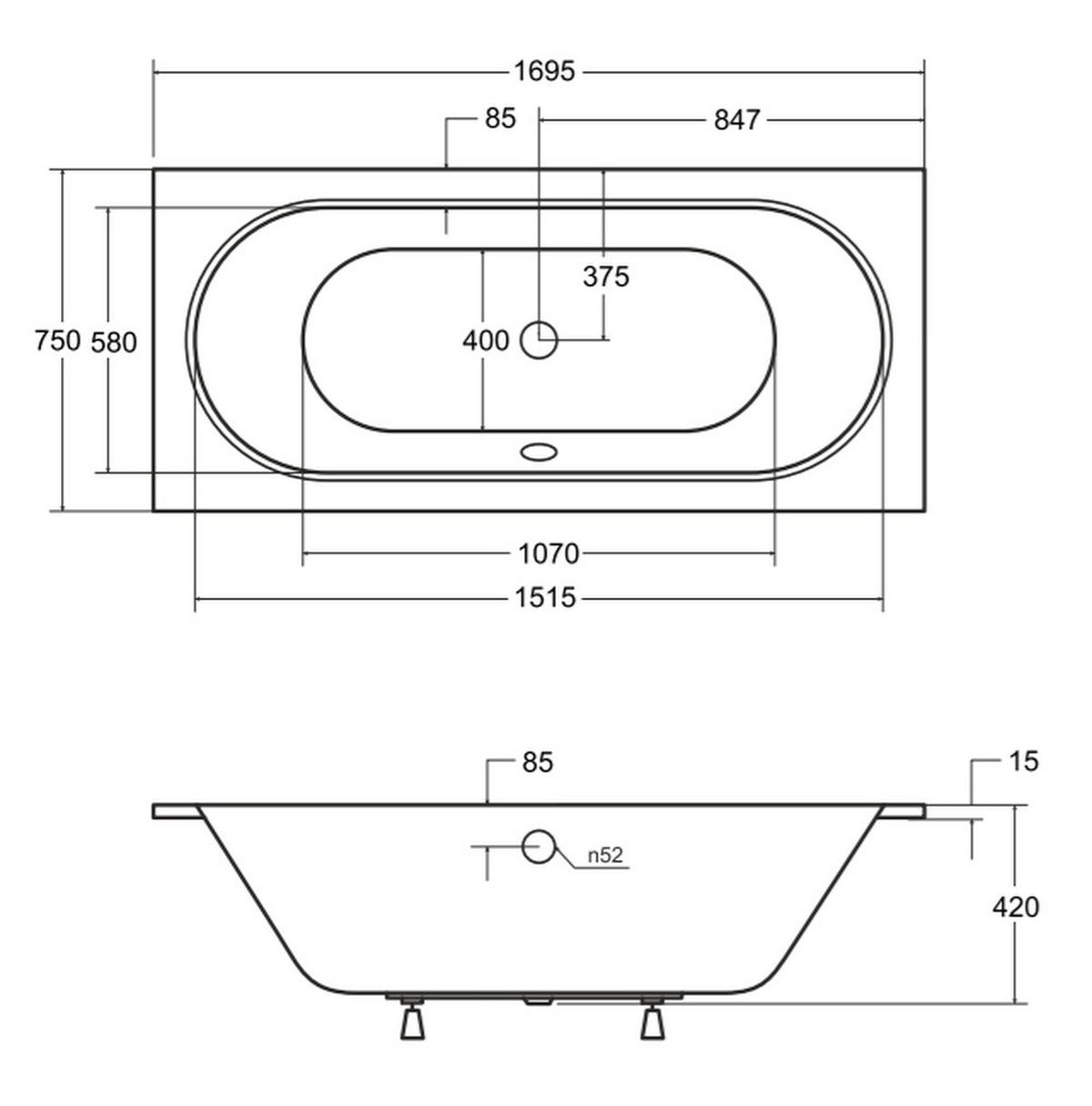 BADEWANNE Rechteck VITAE SLIM 170/75 mit Träger Ablauf Füße - Weiß, Kunststoff (75/55.5/170cm) - bad land