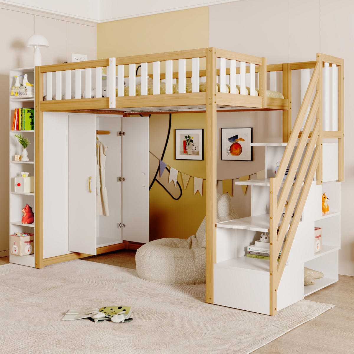 HOCHBETT 90/200 cm Weiß/Naturholz aus Holz mit Kleiderschrank und Regalen - Weiß, Holzwerkstoff (90/200cm) - OKMYHOME