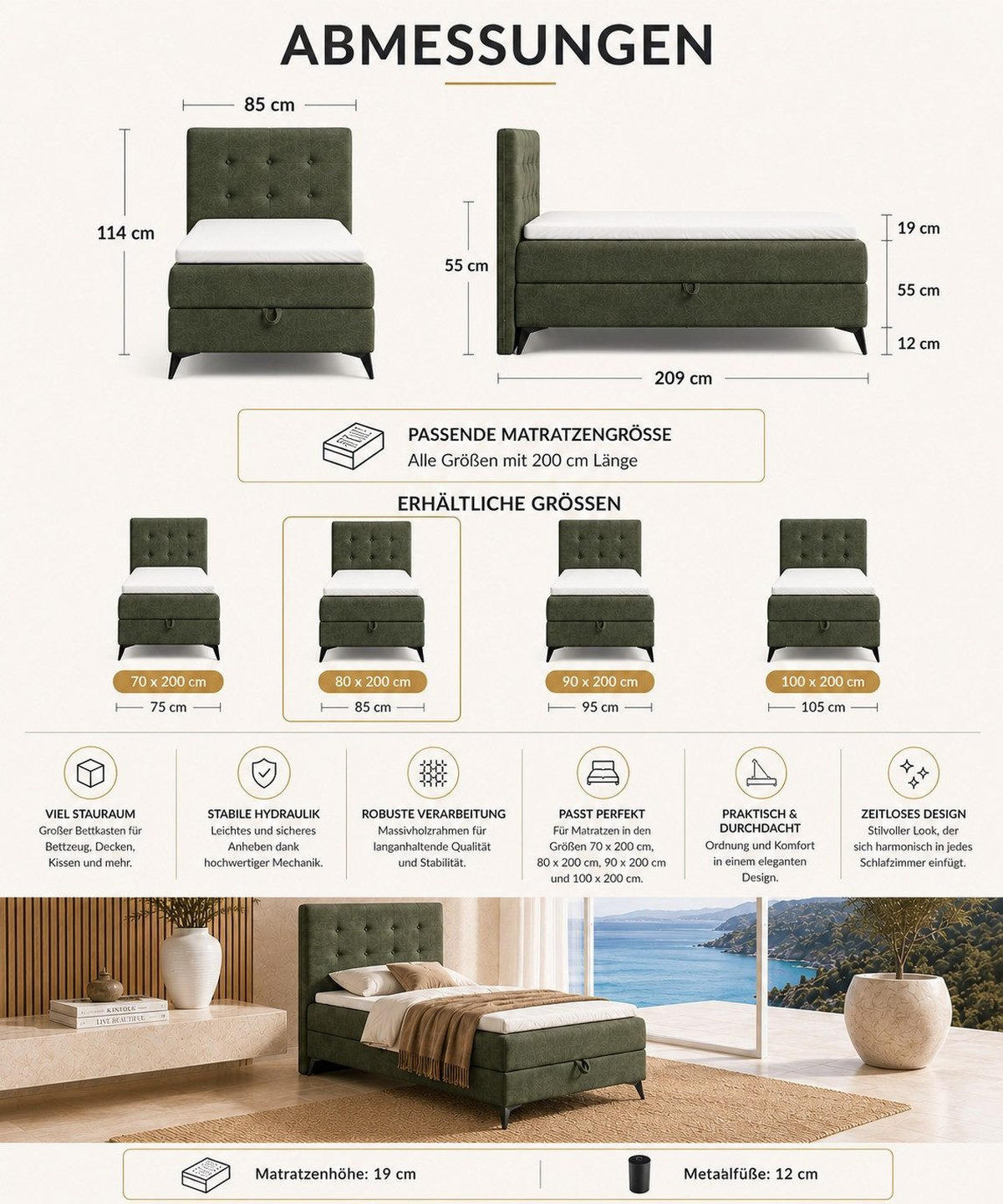 BOXBETT K15 Single SLIM mit Bettkasten & Bonell-Federkern inkl. Topper - Olivgrün, Holz/Textil (200/80cm) - Best For Home