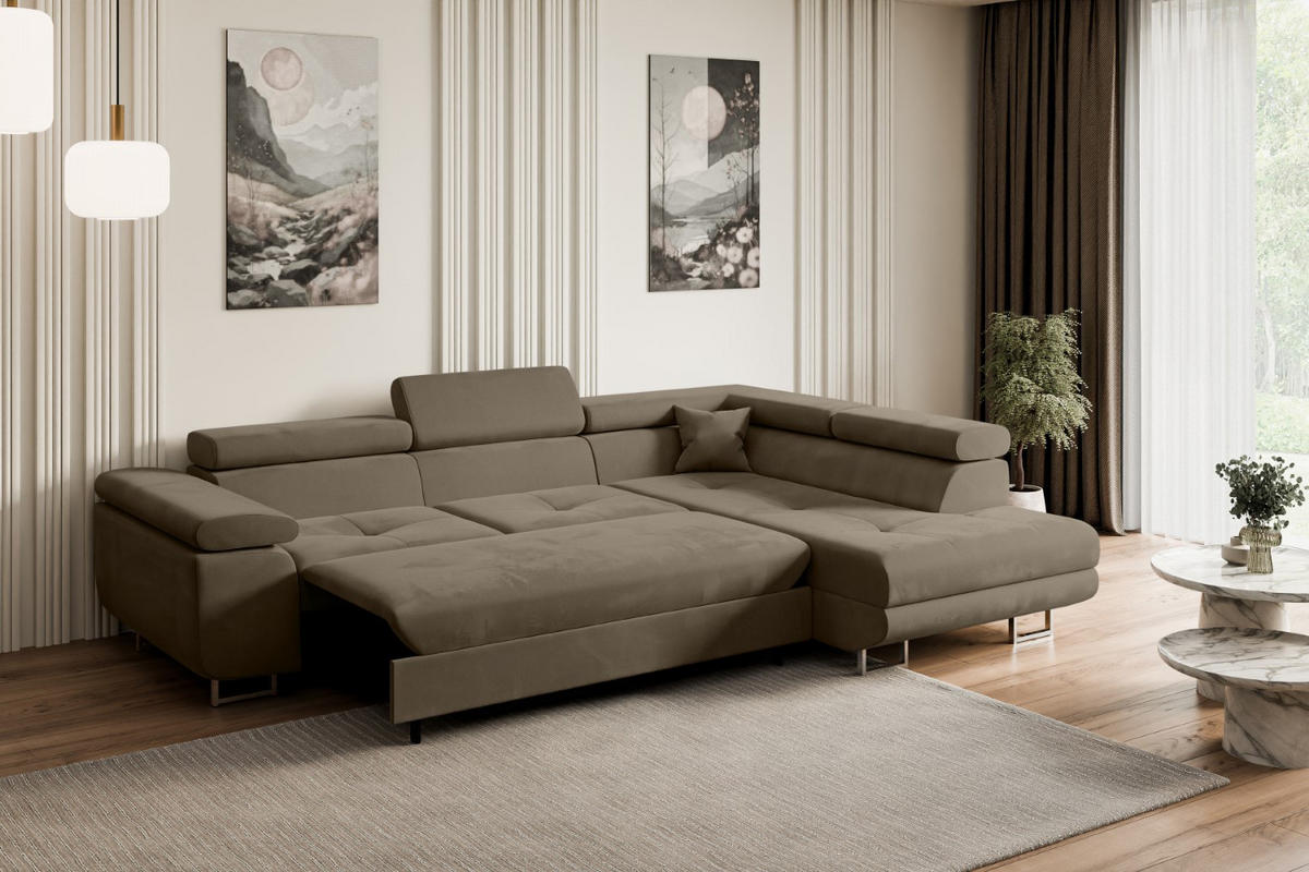 ECKSOFA mit Schlaffunktion und Bettkasten GUSA-L 272x202x107 cm Braun Velours - Silberfarben/Braun, Holzwerkstoff/Textil (272/202cm) - ALTDECOR