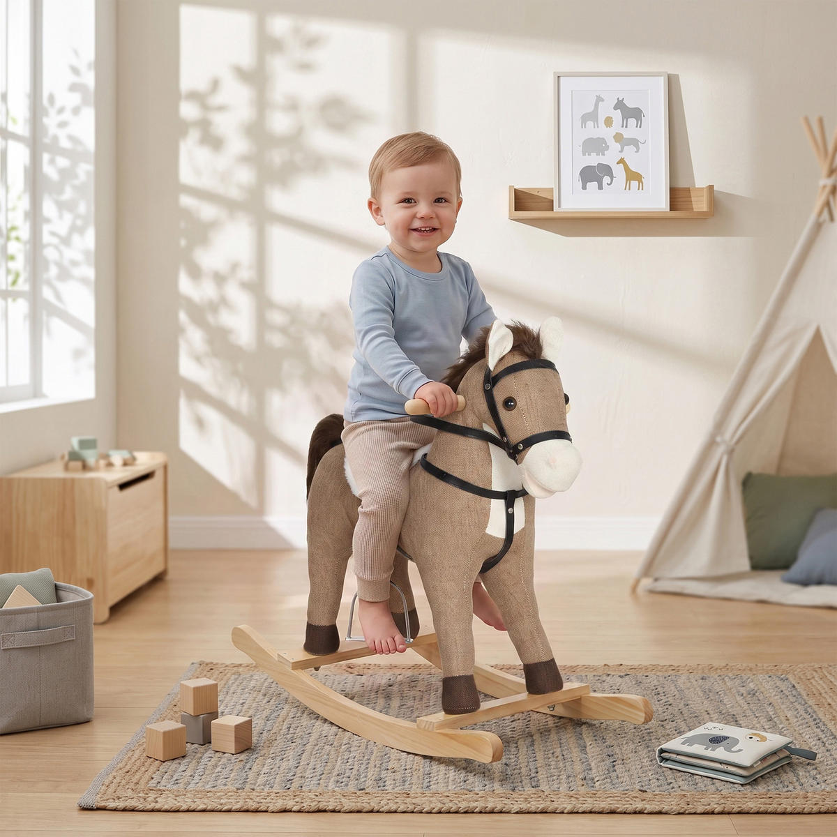 KINDER-SCHAUKELPFERD Polyester Metall Dunkelbraun - Dunkelbraun, Holz (30/68/71cm) - AIYAPLAY