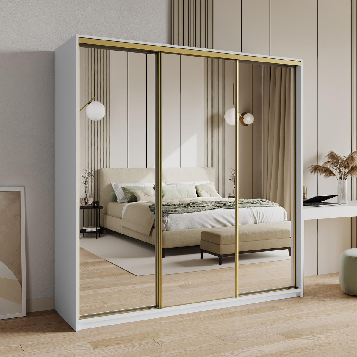 SCHWEBETÜRENSCHRANK RIEN 180/205/60 cm 3-türig mit Spiegel und Schubladen Weiß - Goldfarben/Weiß, Holzwerkstoff (180/205/60cm) - MASSENO