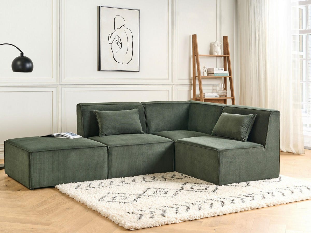 3-SITZER-ECKSOFA Cord dunkelgrün rechtsseitig mit Ottomane Lemvig - Grün, Textil (250/166cm) - Beliani