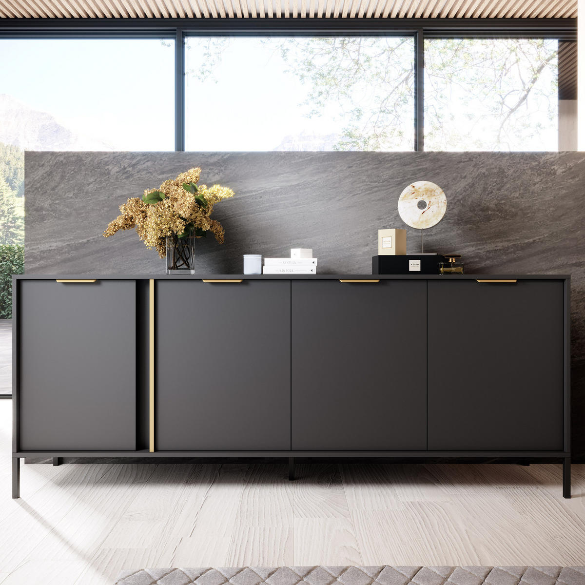 SIDEBOARD Valdi E 203 cm Anthrazit / Gold - mit 4 Türen - Anthrazit/Gelb, Holz/Holzwerkstoff (203/81/39cm) - Ravio