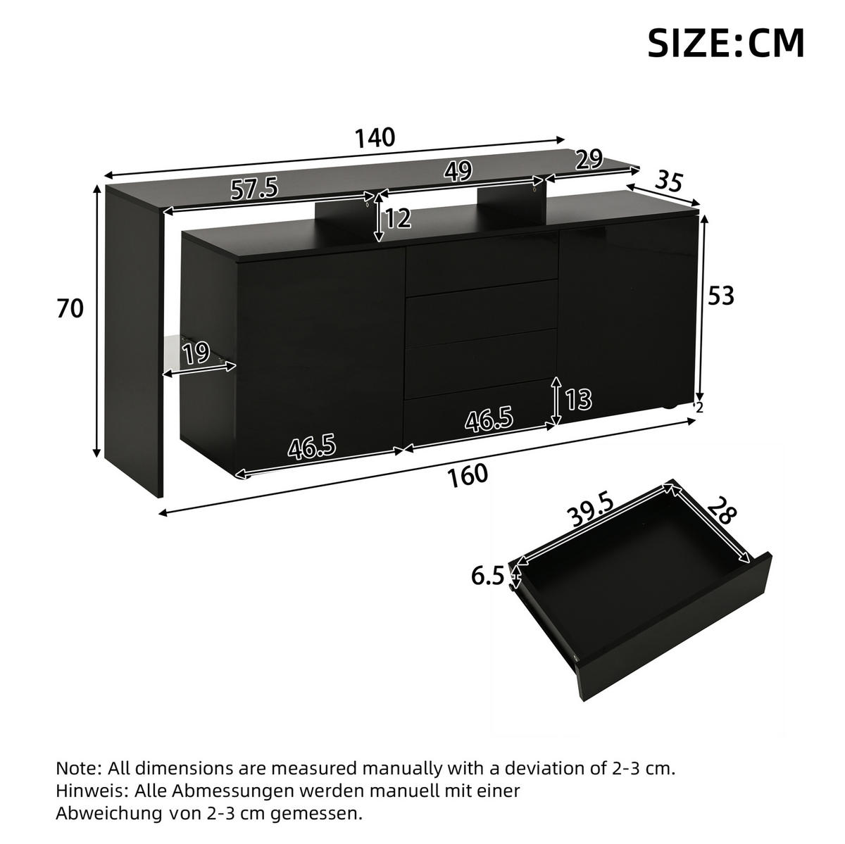 SIDEBOARD mit LED 160 cm Schwarz Hochglanz - Schwarz, Holzwerkstoff (160/70/35cm) - Meubliv
