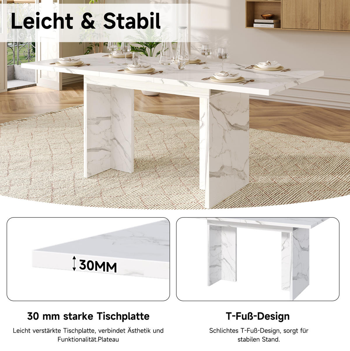 JÍDELNÍ stůl 140–180/80 cm bílý mramor z MDF rozkládací pro 6–8 osob - bílá, kompozitní dřevo (180/80/75cm) - OKWISH