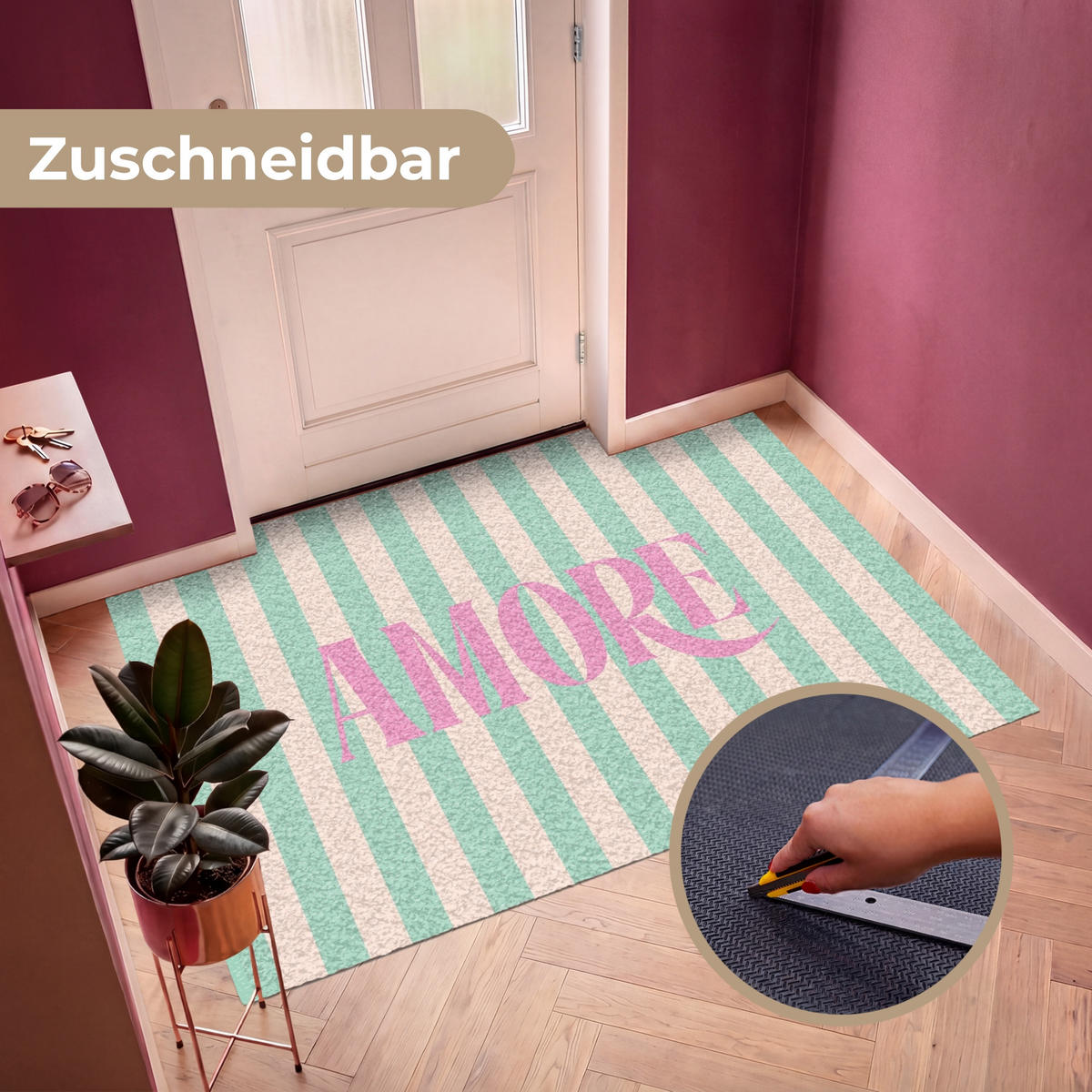 FUSSMATTE Rosa – Grün – Streifen – Amore 180x120 cm - Mintgrün, Kunststoff (180/0.4cm) - MuchoWow