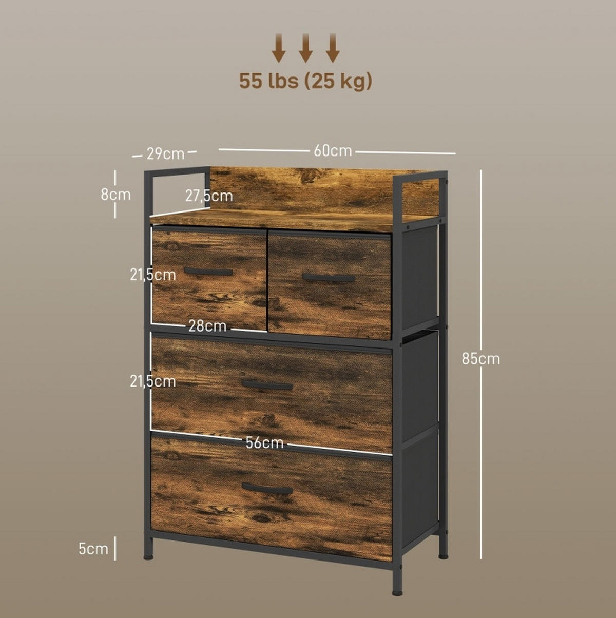 KOMMODE 60/85/29 cm Braun aus Polyester mit 4 Stoffschubladen - Braun, Holzwerkstoff (29/85/60cm) - OKMYHOME