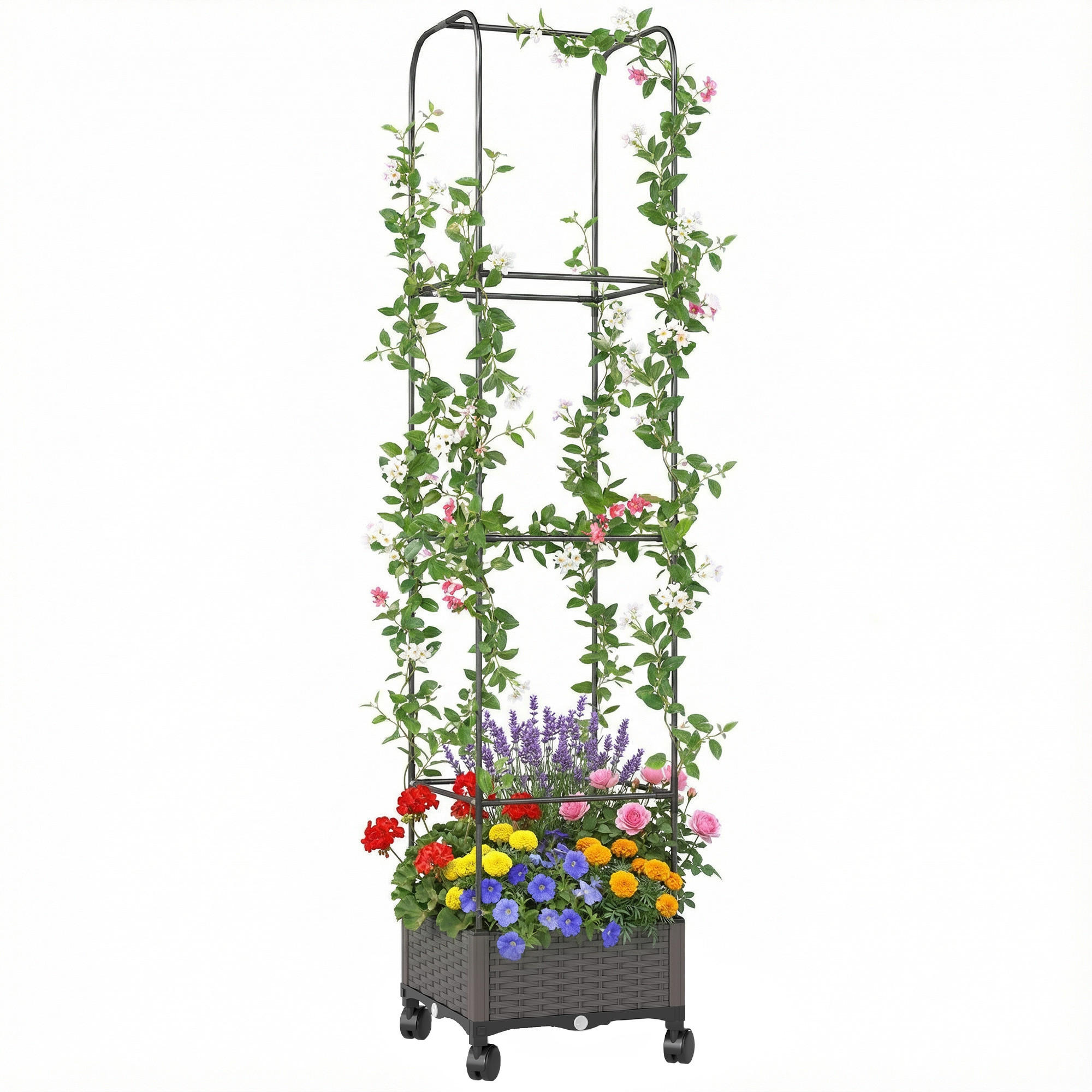 HOCHBEET DE-05421 Mit Rankgitter & Rollen, Rattan-Look Braun - Schwarz, Metall (40/185/40cm) - ComfortXL