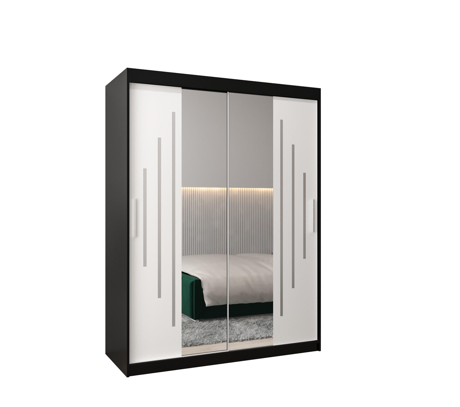 Abiks Möbel Schwebetürenschrank Schwarz, Weiß 150x200x62 cm
