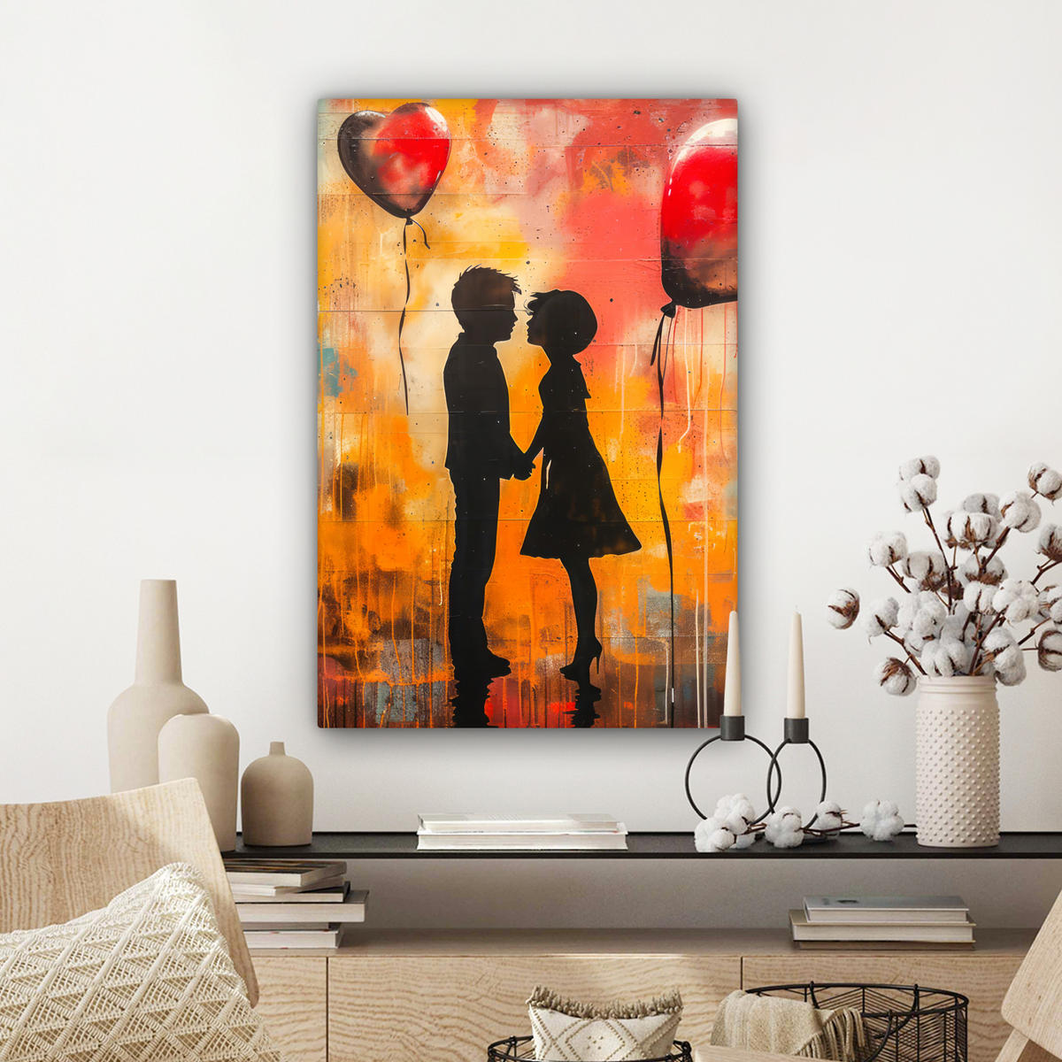 LEINWANDBILD Straßenkunst - Liebe - Graffiti - Kunst - Banksy Wanddeko Schlafzimmer 60x90 cm - Orange, Textil (60/90cm) - MuchoWow