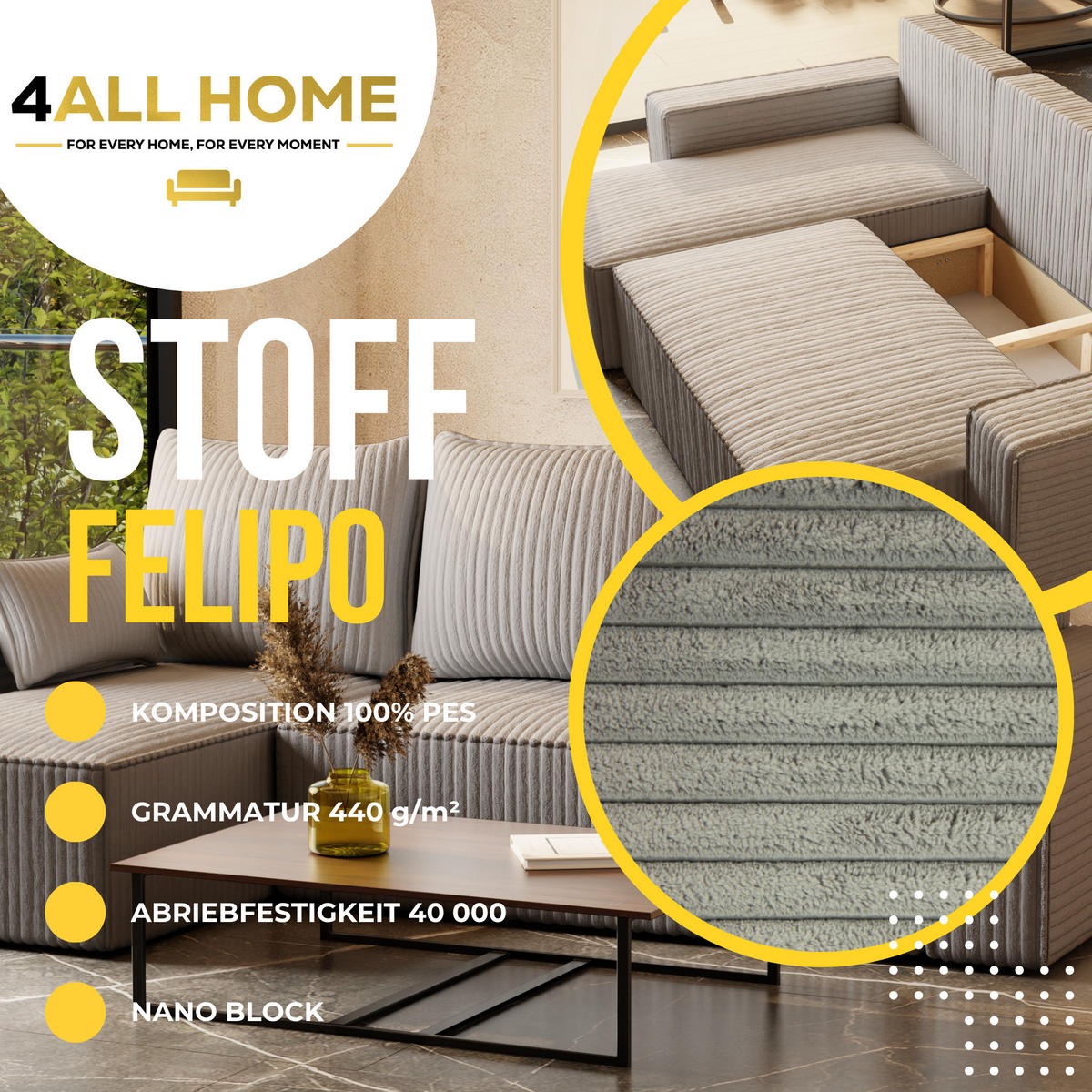 ECKSOFA Tobi mit Bettkasten und Schlaffunktion, L-Form/XL-Form, Cordstoff, Universal - Hellgrau, Holzwerkstoff (246/145cm) - 4ALL HOME