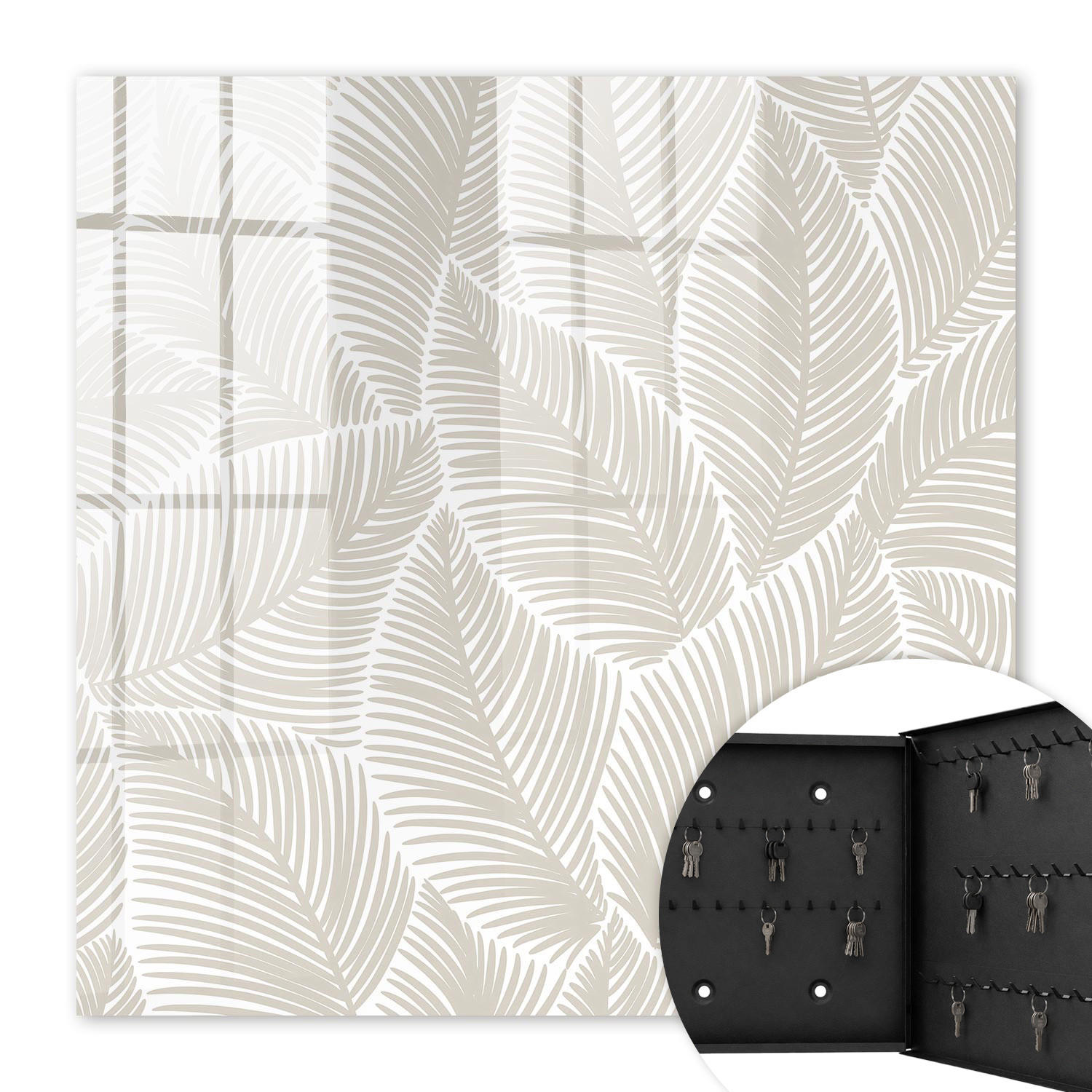 SCHLÜSSELBOX Schwarz 30x30 cm- Türöffnung nach rechts - Friedliche Blätter - Beige, Metall (30/30/5cm) - TULUP