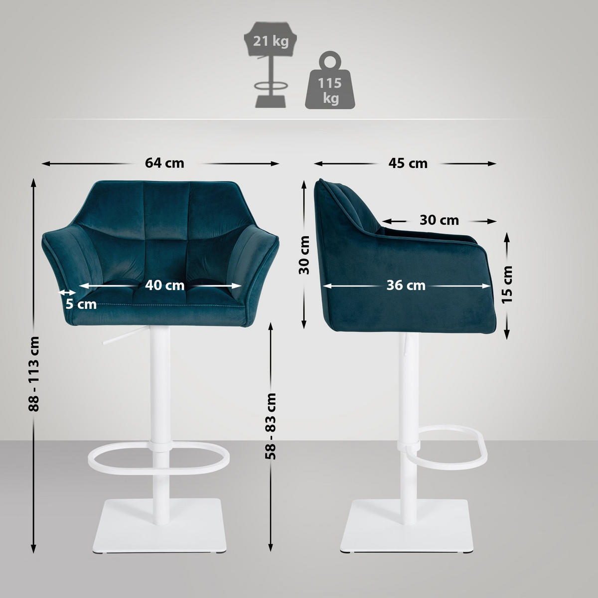 BARHOCKER Samt Grün - Weiß/Grün, Textil/Metall (64/88/45cm) - CLP