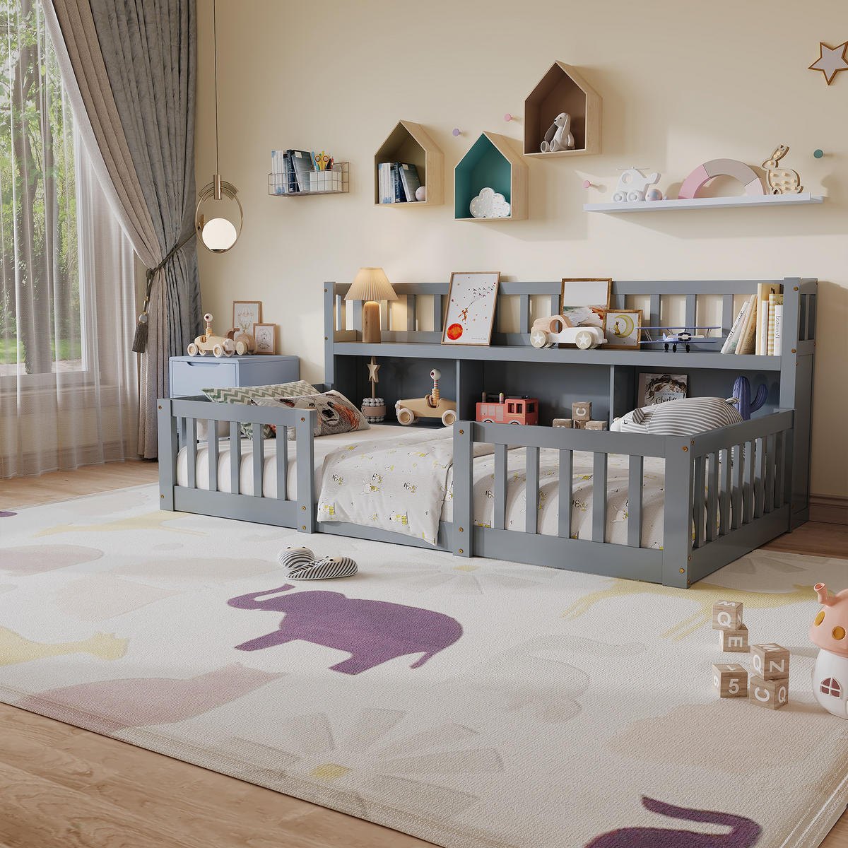 KINDERBETT 90x200 cm mit Bücherregal, Rausfallschutz und Lattenrost, Grau - Grau, Holz (90/200cm)