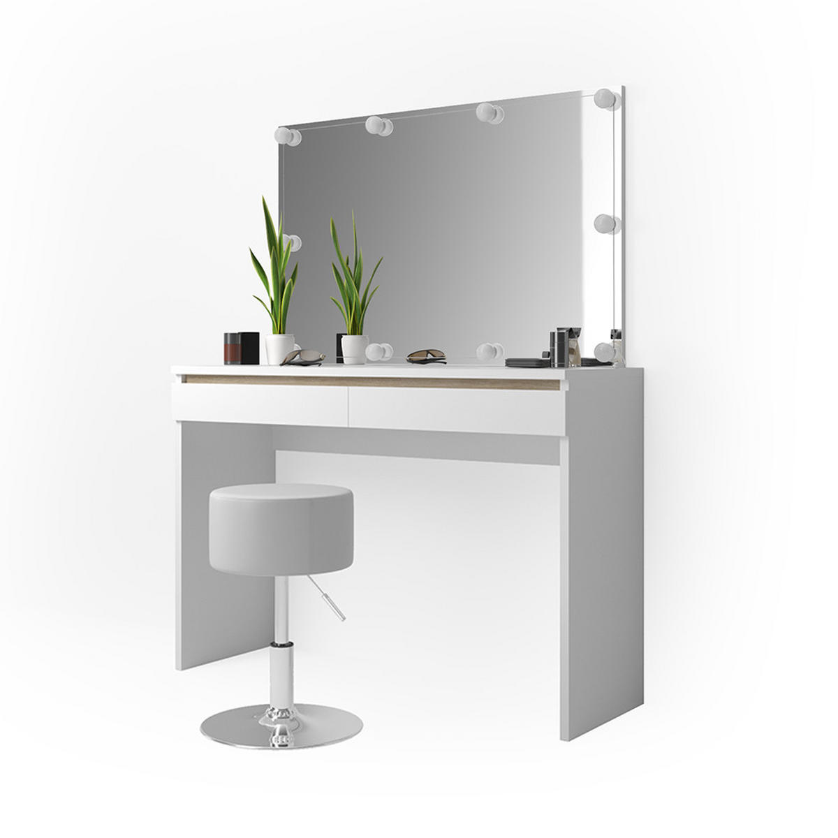 SCHMINKTISCH Emma Weiß 120 cm mit LED Beleuchtung und Hocker - Weiß, Holzwerkstoff (120/83/41.8cm) - Vicco
