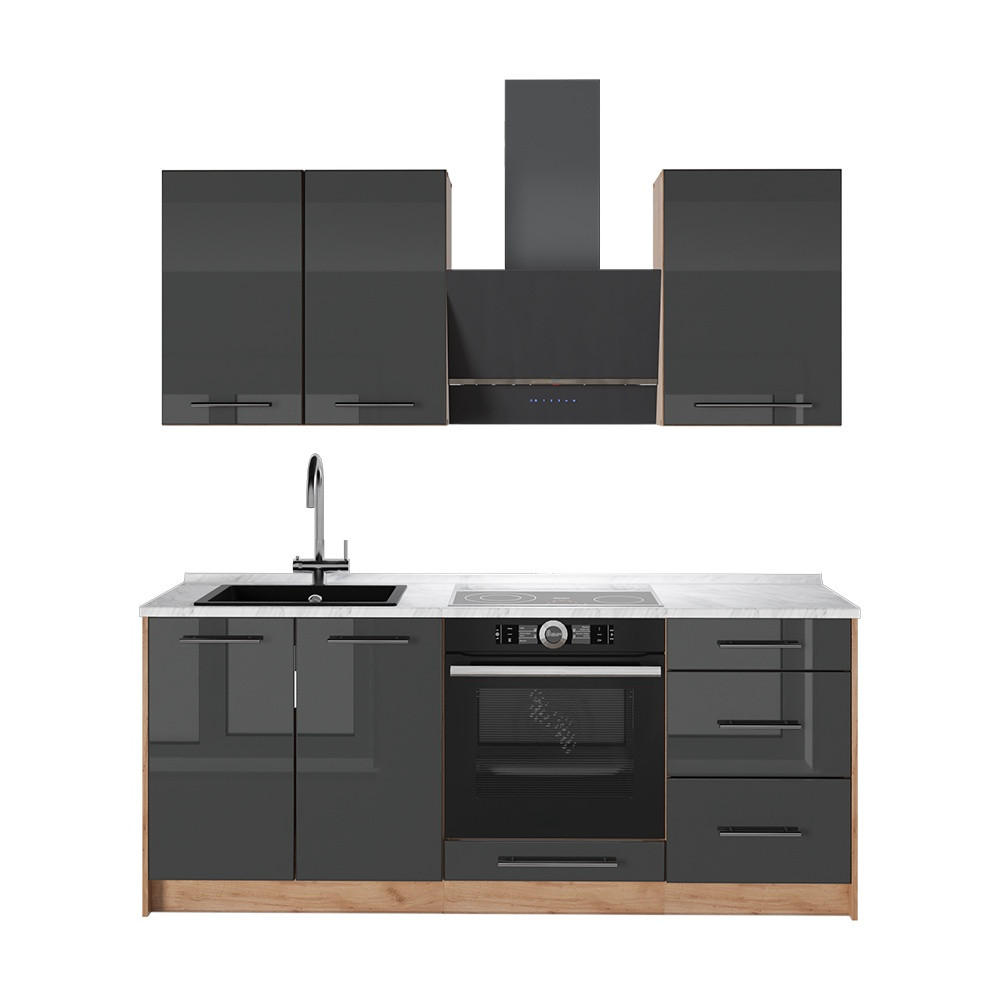SINGLEKÜCHE Fame-Line, Anthrazit Hochglanz/Goldkraft Eiche, 190 cm, AP Marmor - Honigeiche/Schwarz Hochglanz, Holzwerkstoff (190/82/60cm) - Vicco