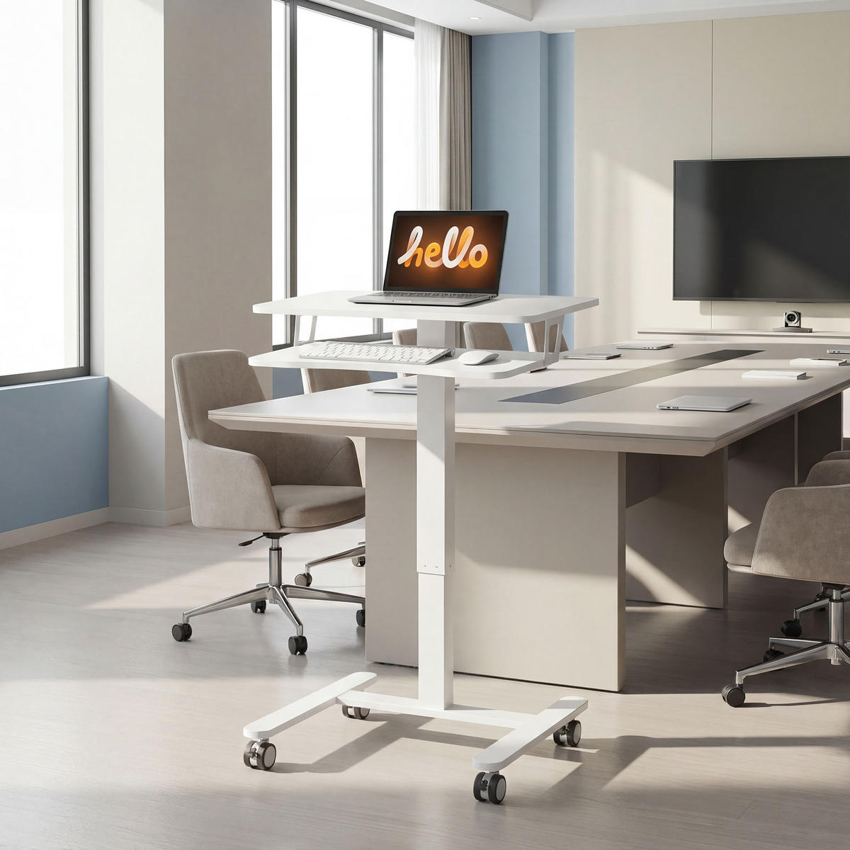 COMPUTERTISCH Weiß höhenverstellbar mit Rollen und Tastaturauszug 65/60/107 cm - Weiß, Holzwerkstoff (60/65/107cm) - PANGIVO