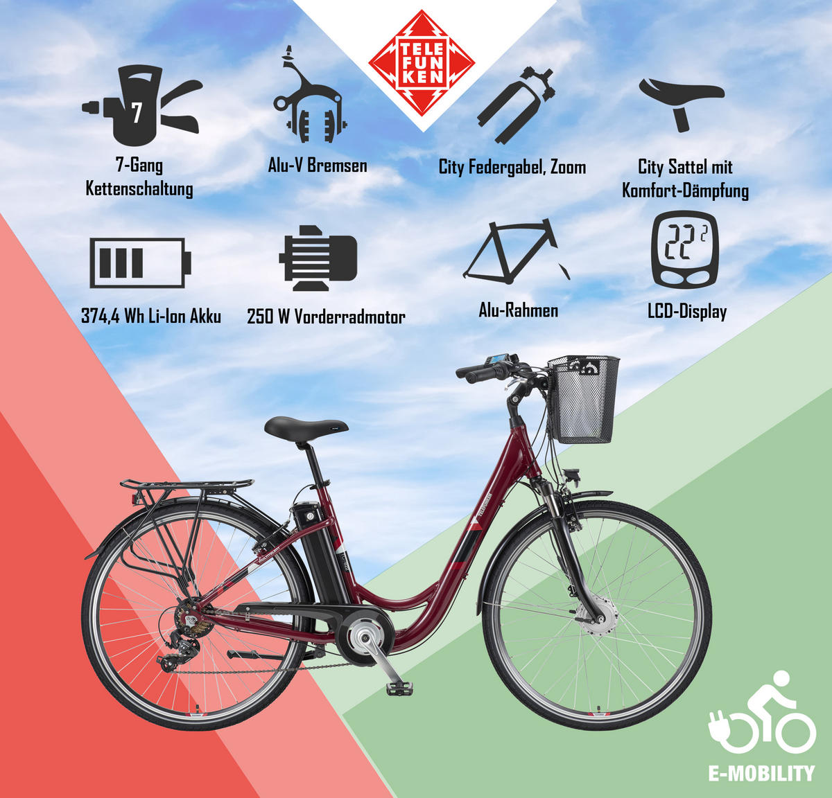 E-BIKE Cityrad Multitalent RC822 Für Damen u. Herren 374,4 Wh Frontmotor 7-Gang-Kettenschaltung 28 Zoll - Weinrot, Metall (114.5cm) - Telefunken