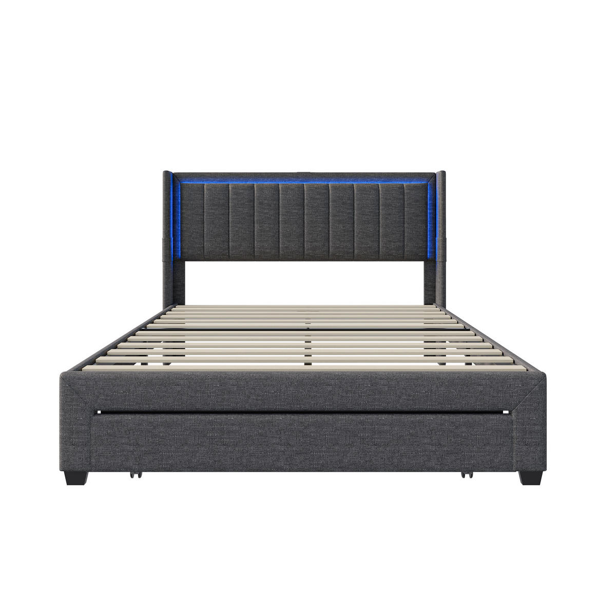 POLSTERBETT 160x200 cm, Grau, mit LED-Beleuchtung & USB-Stecker - Grau, Textil/Metall (160/200cm)