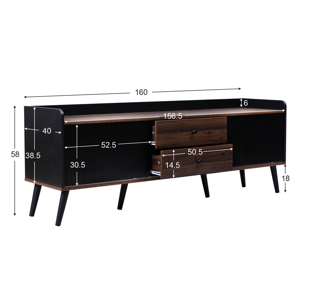 TV ormarić 160/40/58 cm crni i u boji prirodnog drva od iverala s kliznim vratima i 2 ladice - crna, drvni materijal (160/58/40cm) - OKWISH