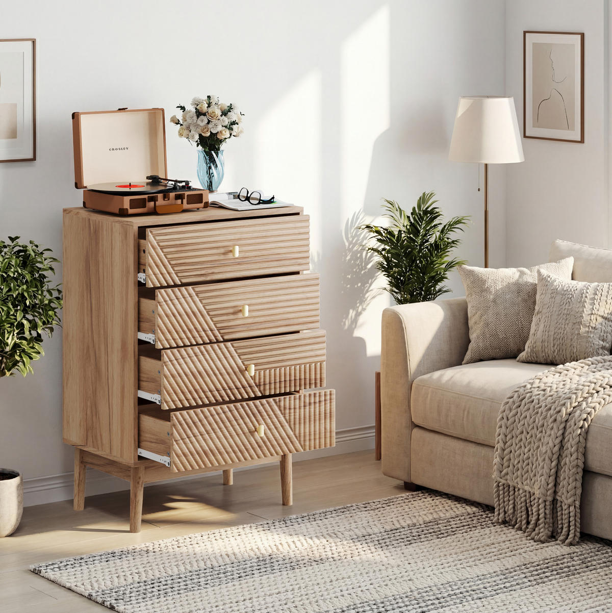 KOMMODE aus MDF und Holzspanplatte 60x40x90 cm eichefarben mit 4 Schubladen und Beinen - Nussbaumfarben, Holzwerkstoff (60/90/40cm) - Modfu
