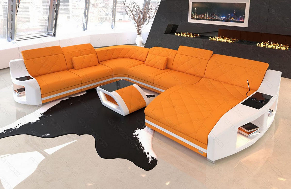 WOHNLANDSCHAFT Stoff Wohnlandschaft Swing Apricot Weiß Mikrofaserstoff - Orange, Kunststoff (404/90/295cm)