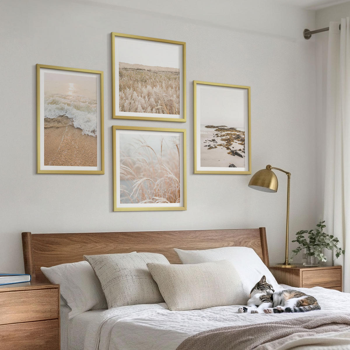 WANDBILDER 4er Set - 50x50 cm & 40x60 cm Goldrahmen - Strandwellen, Steine, Sommer - Goldfarben, Kunststoff (50/50cm) - ArtPrintCave