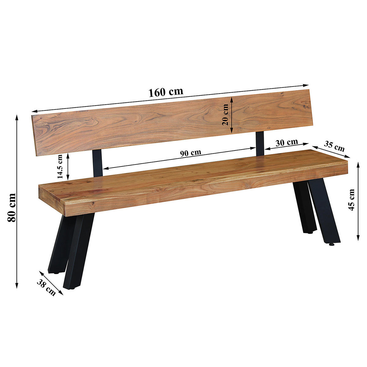 SITZBANK - Akazie massiv / Eisen - Akaziefarben, Holz (160/80/38cm) - home24