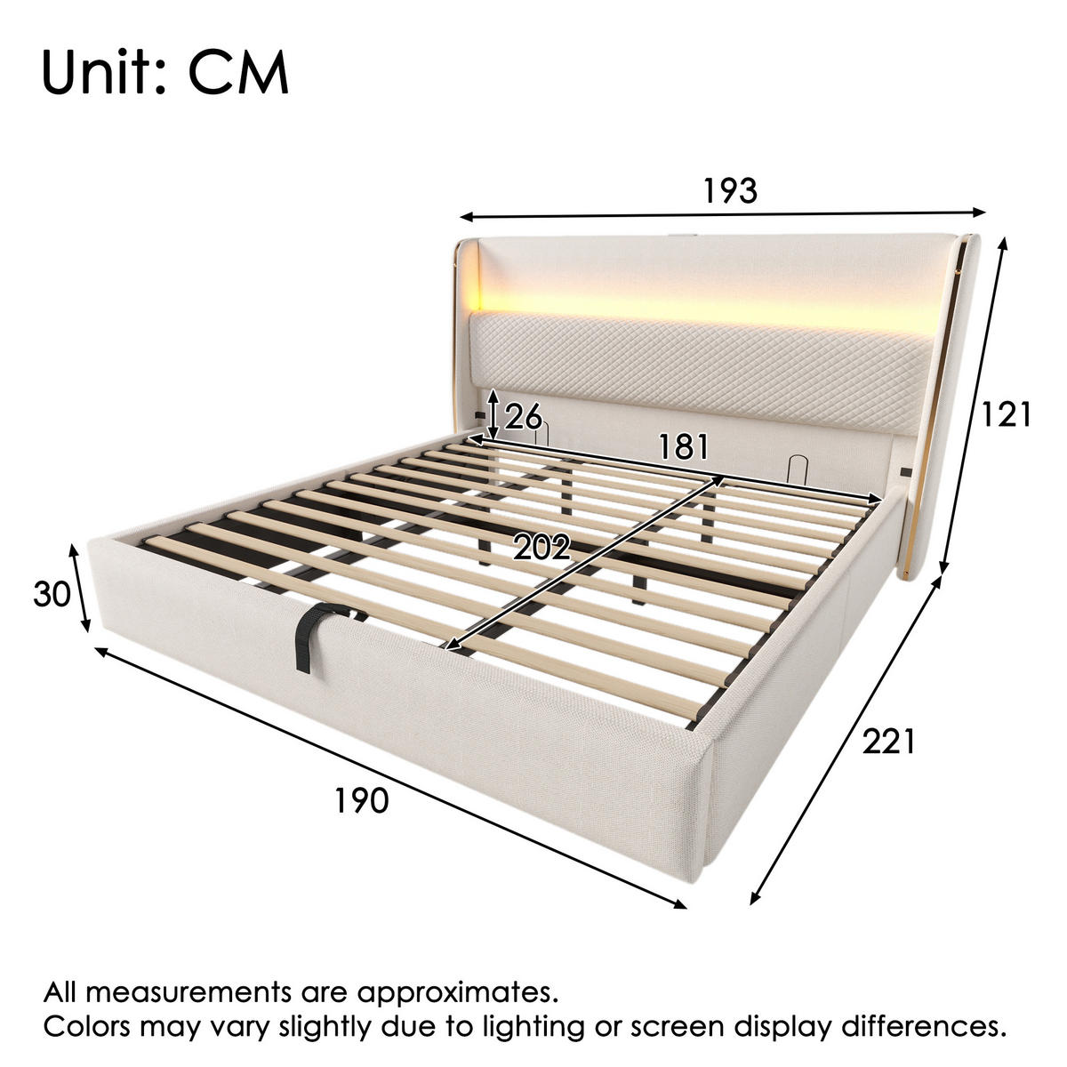 POLSTERBETT 180/200 cm Beige mit hoch integriertem Kopfteil und LED-Beleuchtung - Beige, Textil (180/200cm) - OKWISH