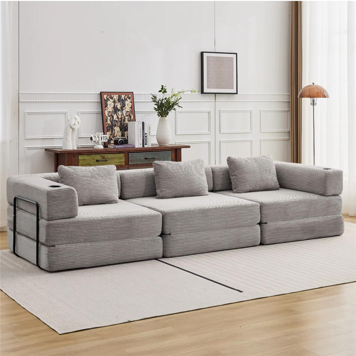 SCHLAFSOFA 3-Sitzer Cord mit Bettfunktion, faltbares Sofa - Grau, Textil (300/63/100cm) - Kaket
