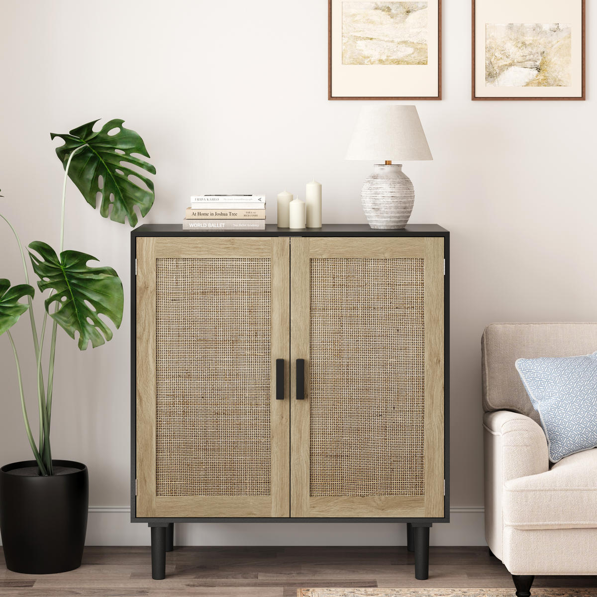 SIDEBOARD Schwarz, 80/40/88 cm, mit Rattan-Fronten und 2 Türen - Schwarz/Naturfarben, Holzwerkstoff (80/88/40cm) - CHICFURN