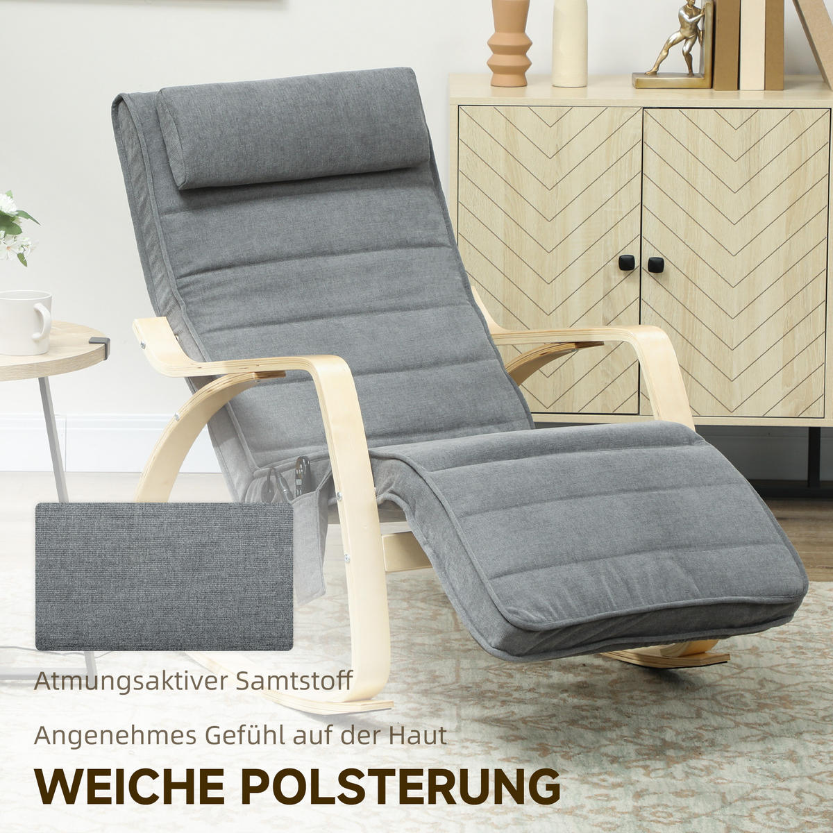 SCHAUKELSTUHL Schaukelsessel mit Massagefunktion, Kopfstütze, Fußstütze, Grau - Naturfarben/Grau, Holz/Textil (67/92/106cm) - HOMCOM
